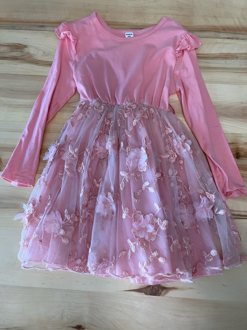 SHEIN Pink Long-Sleeve Floral Applique Dress